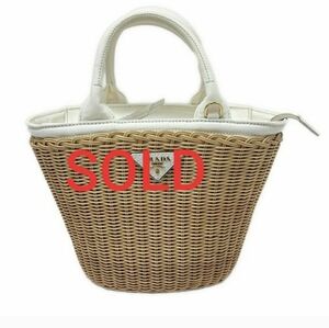PRADA -  Beige White Rattan Canvas Handbag 728-071625